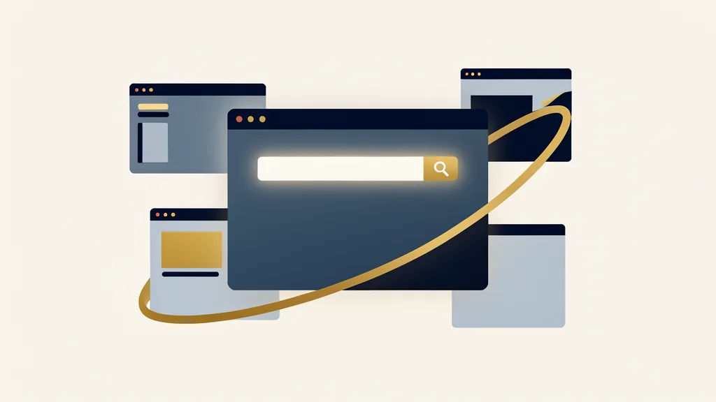 Illustration of a glowing search window orbited by browser windows and a gold curve